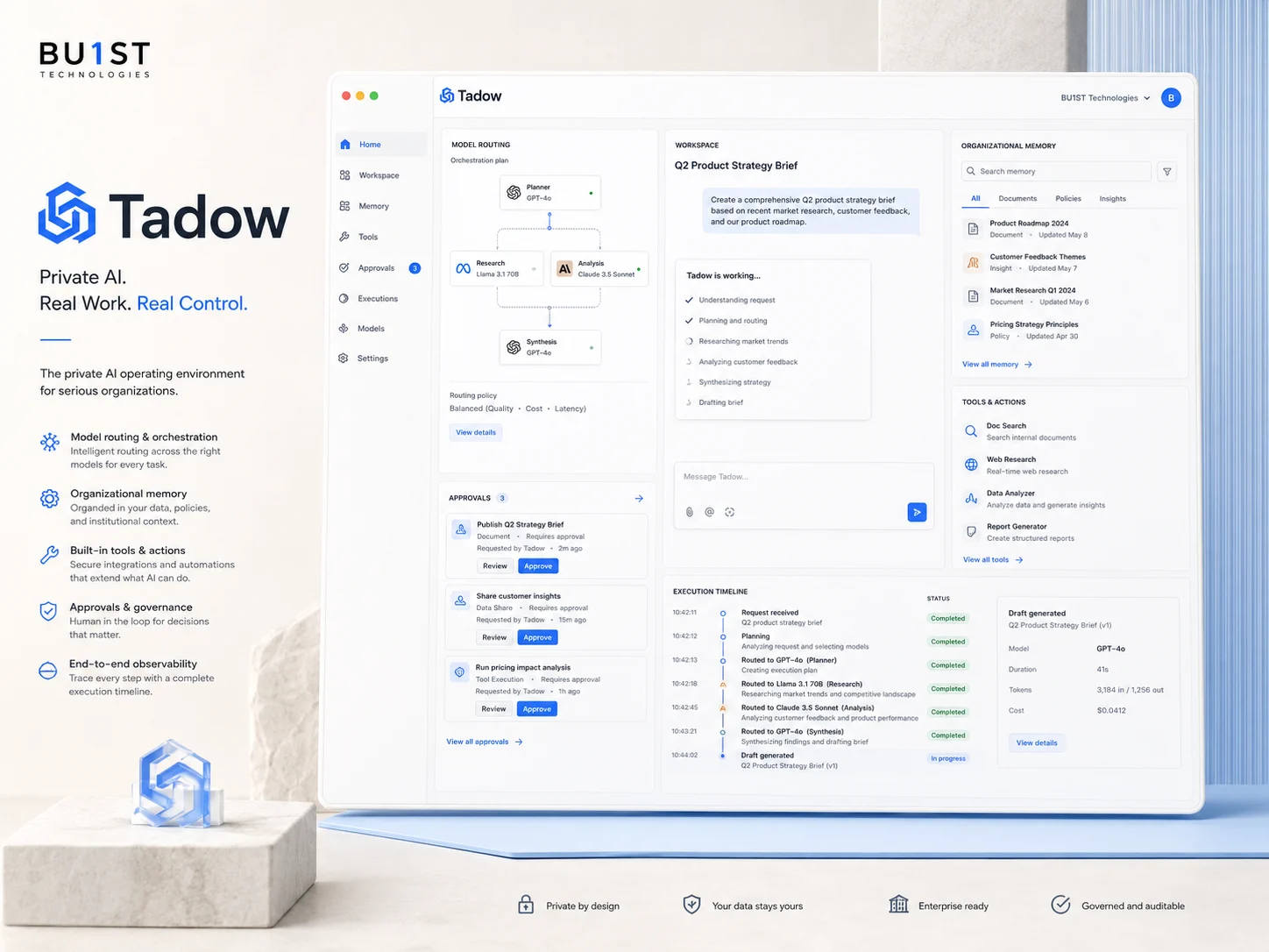 Tadow private AI operating environment showing model routing, organisational memory, approvals and execution history